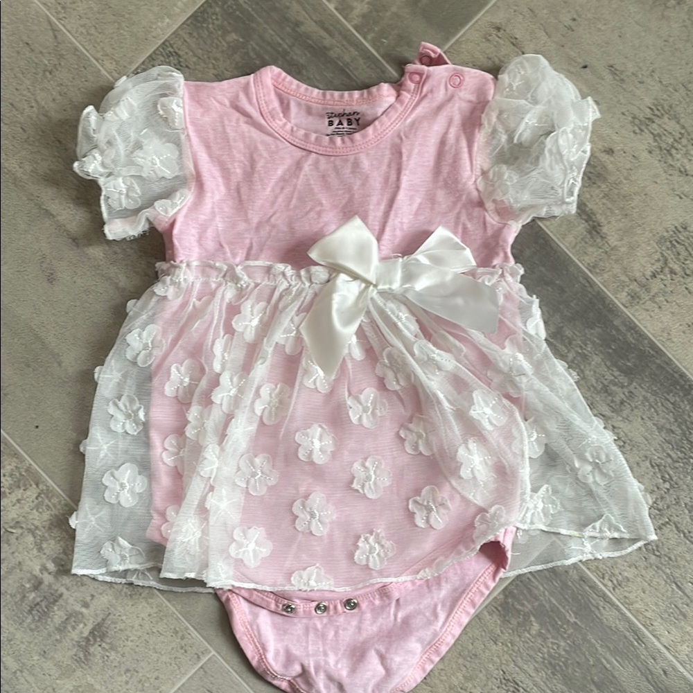 3/$20 Pink and White Baby Bodysuit with Lace Overlay